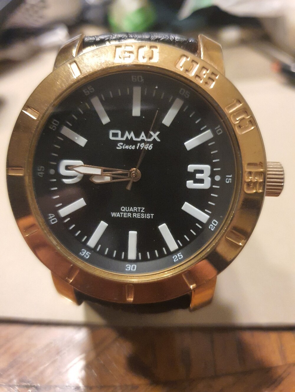 Omax Goldtone/Black Leather Diver Style Nen's Watch